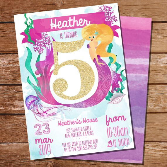 Pink Mermaid 5th Birthday Party Invitation - Watercolor Mermaid Invitation - Instant Download and Edit File with Adobe Reader Il_570xn