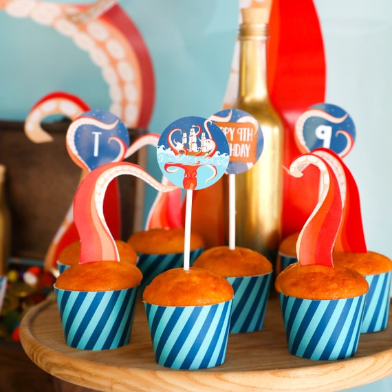 Kraken Birthday Party Cupcake Toppers and Wrapper - Octopus Party Toppers - Sea Creature Toppers - Instant Download + Edit with Adobe Reader Il_570xn