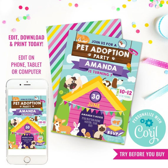Pet Adoption Party Invitation - Puppy Party Invitation - Kitty Cat Adoption Party - Instant Download & Edit File with Corjl Il_570xn