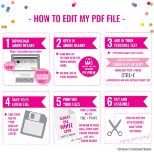 May include: A step-by-step guide in a pink and white design on how to edit a PDF file. Instructions include downloading Adobe Reader, opening the file, adding text, saving, printing, and cutting. The guide also includes a computer, a floppy disk, scissors, and a white card.