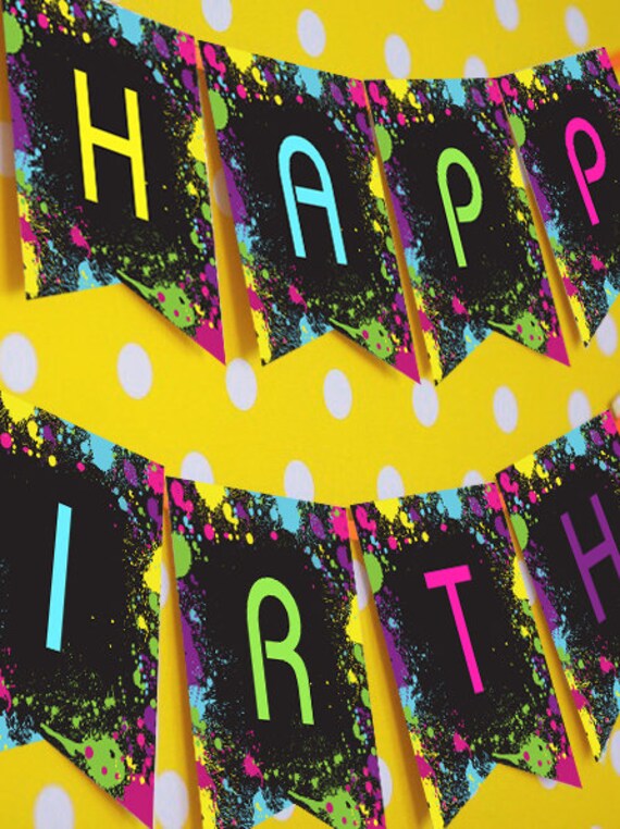 neon glow party happy birthday banner instantly downloadable and