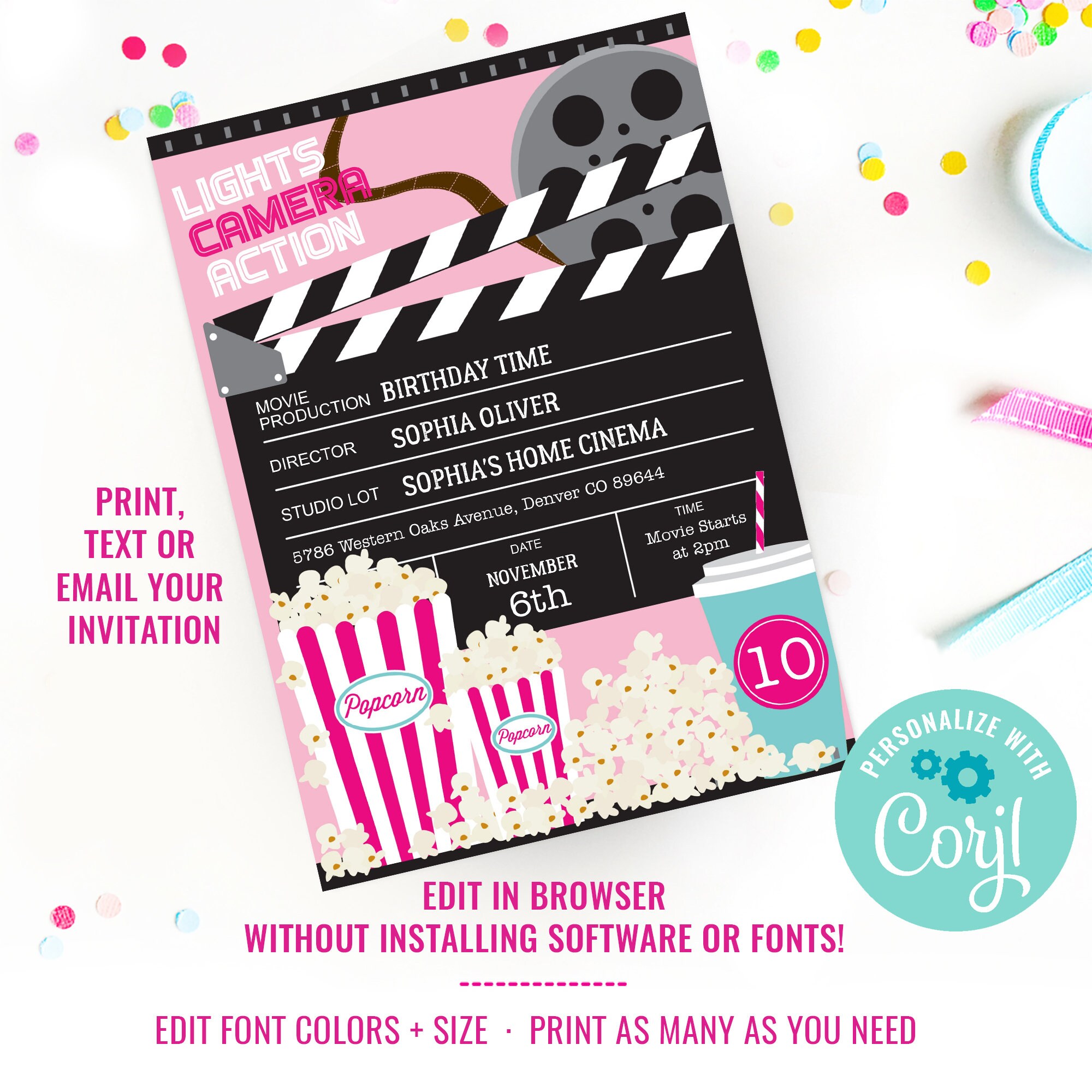 Girl Birthday Party Movie Invitation Girls Movie Night Party Invitation ...