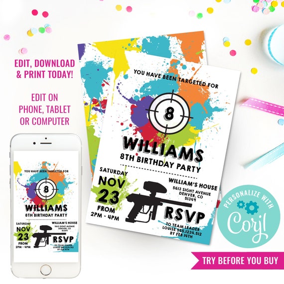 Paintball Birthday Party Invitation for a Boy - Lazer Tag Party Invitation - White Background - Instant Download & Edit File with Corjl Il_570xn