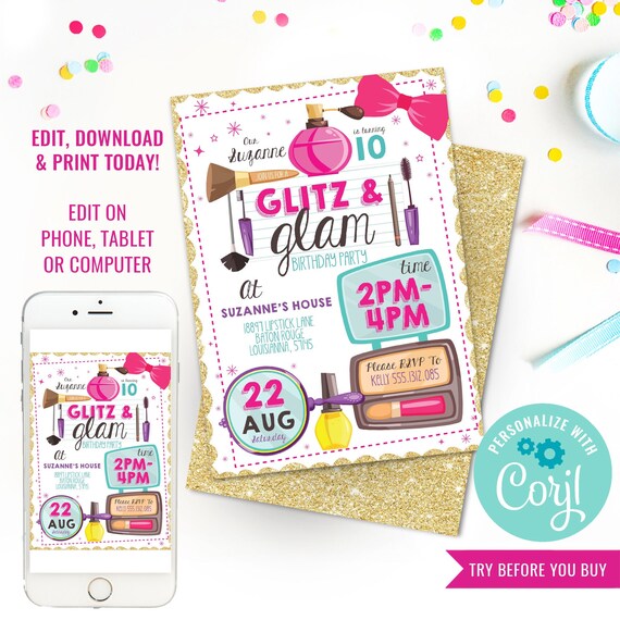 Glitz And Glam Party Invitation - Make-Up Party Invitation - Tween Girls - Instant Download & Edit File with Corjl Il_570xn