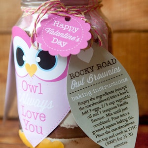 Puede incluir: Un tarro de cristal con tapa blanca, lleno de ingredientes para brownies. Una etiqueta rosa con forma de búho dice "Owl Always Love You". Una etiqueta dice "Rocky Road Owl Brownies" con instrucciones de horneado.