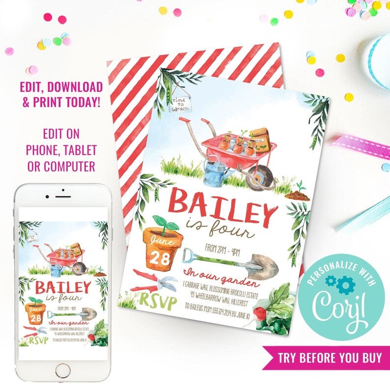 May include: A watercolour invitation for a fourth birthday party, featuring a red wheelbarrow, gardening tools, and the text "Bailey is four." The invitation includes the date, time, and RSVP details. A smartphone displays the invitation.