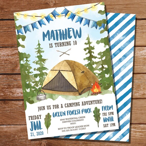 Camping Party Invitation for a Boy - Backyard Campout - Watercolor Invitation - Instant Download - Edit with Adobe Reader Il_570xn