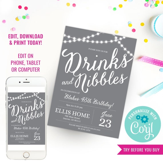 Gray Birthday Party Invitation - Drinks Birthday Party - 30th 40th 50th 60th birthday invitation - Instant Download & Edit File with Corjl Il_570xn