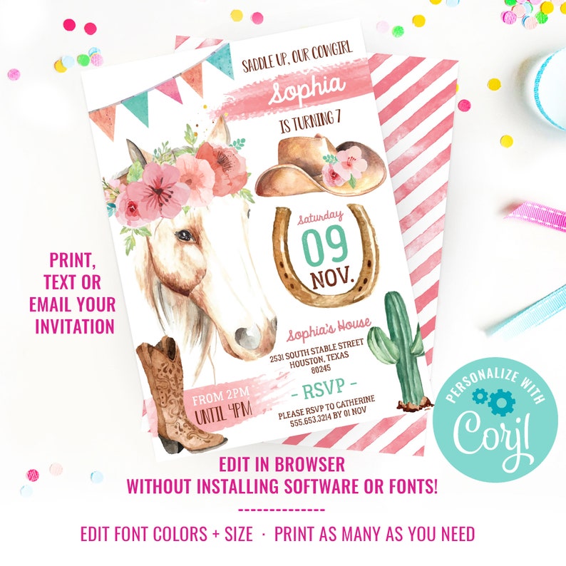 Cowgirl Birthday Party Invitation Cowgirl Watercolor Invitation Horse Party Instant Download & Edit File with Corjl image 2