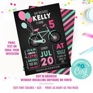 May include: A pink and teal birthday invitation for a girl turning five. The invitation features a bicycle with pink and teal balloons and the text "Grab your helmets Kelly is turning 5". The invitation also includes the date and time of the party, "Saturday Jul 20 at 10am - 12pm", and the location, "Kelly's House 15 Wheelie Ave Denver, CO 80212".