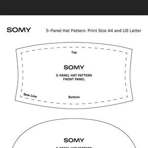 Pu&ograve; includere: Un modello di cappello a 5 pannelli su carta bianca. Il modello include il testo "SOMY" e "5-PANEL HAT PATTERN FRONT PANEL". Il formato di stampa &egrave; A4 e US Letter.