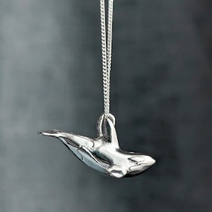 Sterling Silver or 9ct Gold tiny realistic orca pendant. Accurate dainty 3D killer whale necklace cast in solid silver or gold, in gift box.