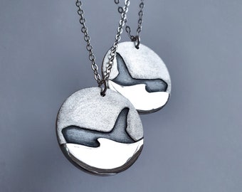 Silver orca silhouette necklace, Next Day UK / tracked International delivery. Scottish killer whale pendant with ocean wave detail.