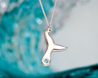 Sterling Silver whale tail pendant with sparkling ocean blue stone, great ocean jewelry gift for diver / snorkeler