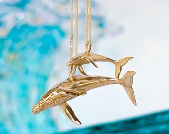 Sterling Silver or 9ct Gold realistic Humpback Whale pendant. Handmade accurate 3D humpback whale necklace cast in solid silver or gold.