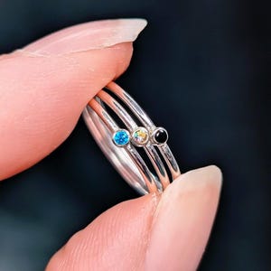 Super skinny stacking rings with custom colour gemstones. Extra dainty Sterling Silver stackable rings, tiny birthstone colour options.
