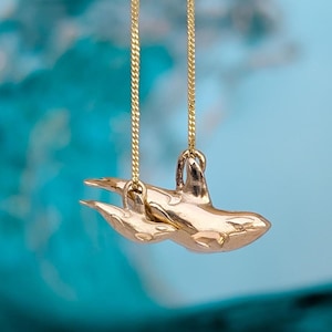 Sterling Silver or 9ct Gold tiny realistic orca pendant. Accurate dainty 3D killer whale necklace cast in solid silver or gold, in gift box.