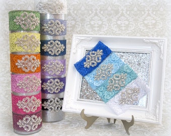 CUSTOM Dyed Lace Wedding Garter Set, Bridal Garter with CRYSTAL Rhinestone Crest Show & Dual Crystal Toss - Choose Your Color!