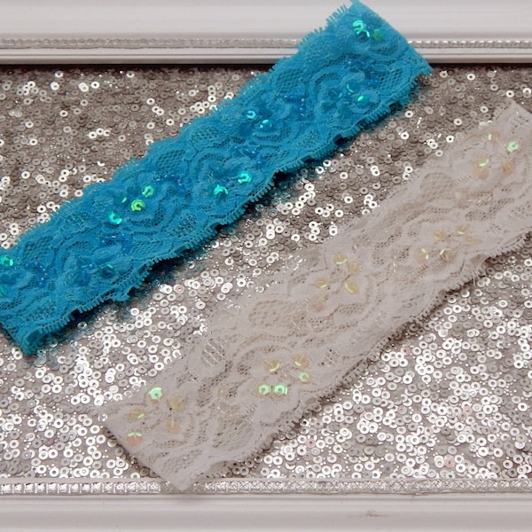 Sequin & Bead on TURQUOISE and WHITE Lace Wedding Garter Set, Bridal Garter, Keep/Toss Garter -stretchable lace