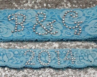 Monogram RHINESTONE PHRASE Wedding Garter Set,Bridal Garter on Light BLUE with Crystal Initials Show & Rhinestone Date Toss