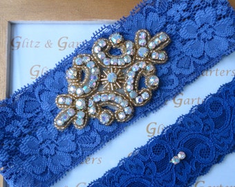 ROYAL BLUE Lace Wedding Garter Set, Bridal Garter with Gold Accents and AB Crystal Rhinestone Crest Show & Dual Crystal Toss
