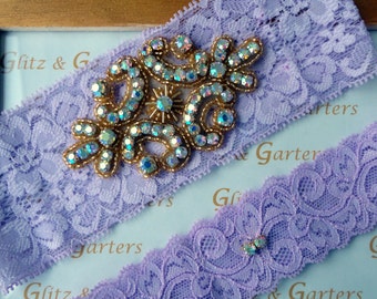 LAVENDER Lace Wedding Garter Set, Bridal Garter with AB CRYSTAL Rhinestone Crest on Gold Show & Dual Crystal Toss