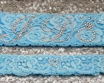 RHINESTONE PHRASE 'I Do' Crystal Wedding, Bridal Garter Set on Light BLUE Lace Show Garter & Rhinestone Heart Toss Garter