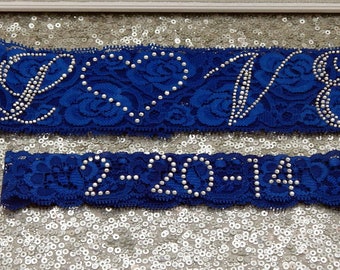 RHINESTONE PHRASE 'Love' Crystal Wedding Garter Set, Bridal Garter on Royal Blue lace Show & Wedding Date Toss Garter