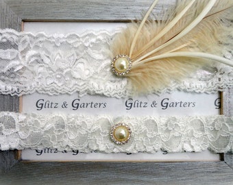 FEATHER & PEARL Wedding Garter Set, Bridal Garter on IVORY Lace, Cream Feathers with Crystal and Pearl Show and Toss