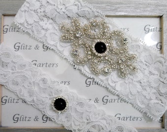 Black and White CRYSTAL Rhinestone Black Center Crest Show/Petite Black Center with Rhinestone Toss garter on White Lace