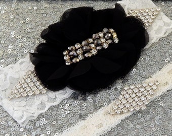 COUNTRY Glitz, Boho Chic Wedding Garter Set, Bridal Garter on Ivory Lace, Black Chiffon Flower & Crystal Show; Crystal Toss