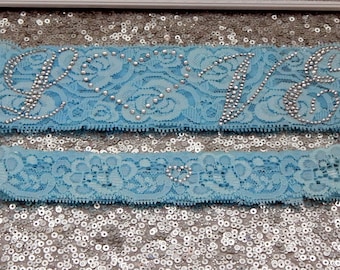 RHINESTONE PHRASE 'Love' Crystal Wedding Garter Set, Bridal Garter on Light Blue Lace Show Garter & Rhinestone Heart Toss