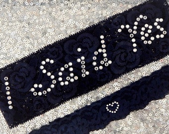 RHINESTONE PHRASE 'I Said Yes' Crystal Wedding Garter Set, Bridal Garter on Navy Blue Show & Rhinestone Heart Toss