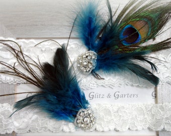 PEACOCK Feather Wedding Garter Set, Bridal Garter on IVORY Lace with Crystal and Bead Accents Show & Toss Garters