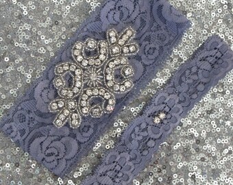 GREY Lace Wedding Garter Set, Bridal Garter with CRYSTAL Rhinestone Crest Show & Dual Crystal Toss