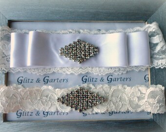 WHITE Lace & SATIN Ribbon Wedding Garter Set, Bridal Garter-Vintage Bow, Crystal Rhinestone Design Show-Crystal Toss