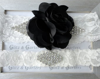 BLACK Satin Flower with Crystals Wedding Garter Set, Bridal Garter, Satin Puff Flower, Diamond Pattern Rhinestones Show & Crystal Toss