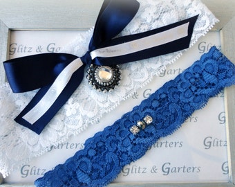 NAVY BOW on WHITE Lace Wedding Garter Set, Bridal Garter, Vintage Rhinestone Accents Show & Petite Silver Vintage Rhinestone Toss