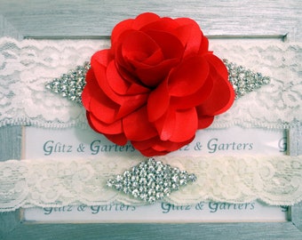 RED Satin Rose with Crystals Wedding Garter Set, Bridal Garter, Puff Rose Diamond Pattern Rhinestones Show & Crystal Toss