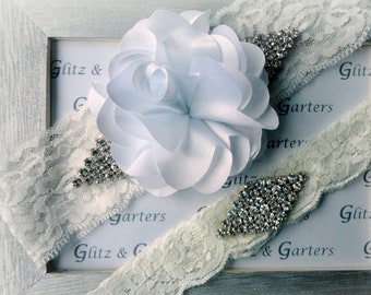 WHITE SATIN Flower on IVORY Lace Wedding Garter Set, Bridal Garter Puff Flower with Diamond Crystal Show & Diamond Crystal Toss