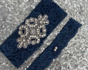 NAVY BLUE CRYSTAL Lace Wedding Garter Set, Bridal Garter with Crystal  Rhinestone Crest Show & Dual Crystal Toss