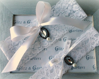 Vintage BOW Wedding Garter Set, Bridal Garter on WHITE Lace WHITE Satin Bow, Gem Silver Pearl Show & Petite Silver Vintage Rhinestone Toss
