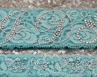 RHINESTONE PHRASE 'I Do' Crystal Wedding Garter Set, Bridal Garter on TURQUOISE Lace Show & 'You're Next' Toss Garter