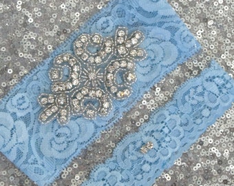 LIGHT BLUE Lace Wedding Garter Set, Bridal Garter with CRYSTAL Rhinestone Crest Show & Dual Crystal Toss