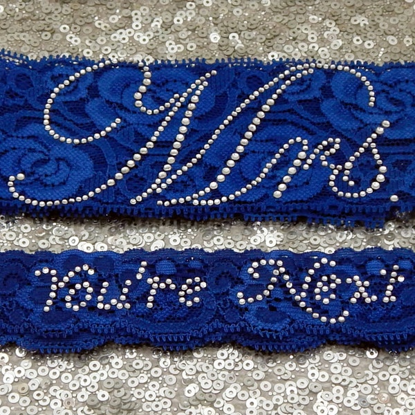 CRYSTAL RHINESTONE 'Mrs' PHRASE Wedding Garter Set, Bridal Garter on Royal Blue Lace Show & Rhinestone 'You're Next' Toss Garter