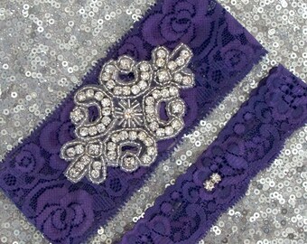 PURPLE Lace Wedding Garter Set, Bridal Garter with CRYSTAL Rhinestone Crest Show & Dual Crystal Toss