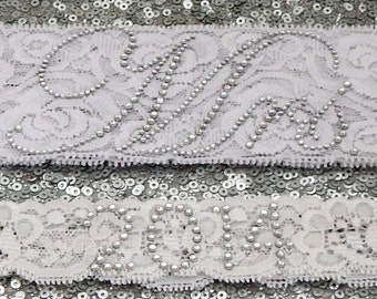 RHINESTONE PHRASE 'Mrs' Crystal Wedding Garter Set, Bridal Garter on WHITE Lace Show Garter & Rhinestone Date Toss Garter