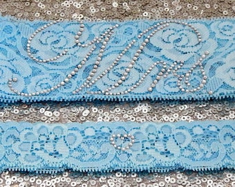 RHINESTONE PHRASE 'Mrs' Crystal Wedding Garter Set, Bridal Garter on Light BLUE Lace Show Garter & Rhinestone Heart Toss Garter