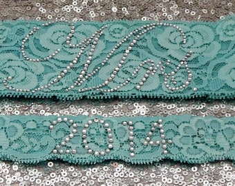 RHINESTONE PHRASE 'Mrs' Crystal Wedding Garter Set, Bridal Garter on TURQUOISE Lace Show & Rhinestone Year Toss Garter