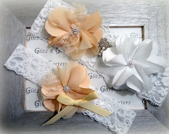 Wedding Garter Set - WHITE Lace Bridal CREAM and WHITE Flowers Rhinestone Diamond applique show & Cream Flower Cream Bow Toss